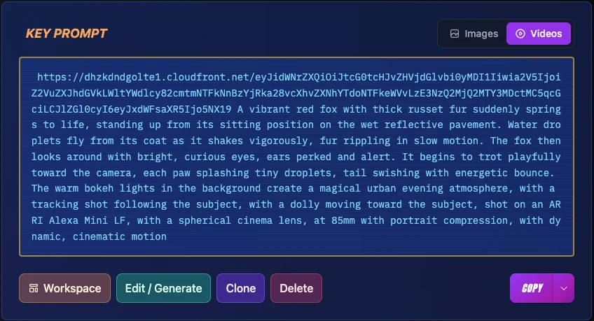 Video Key Prompt display showing video prompt with parameters