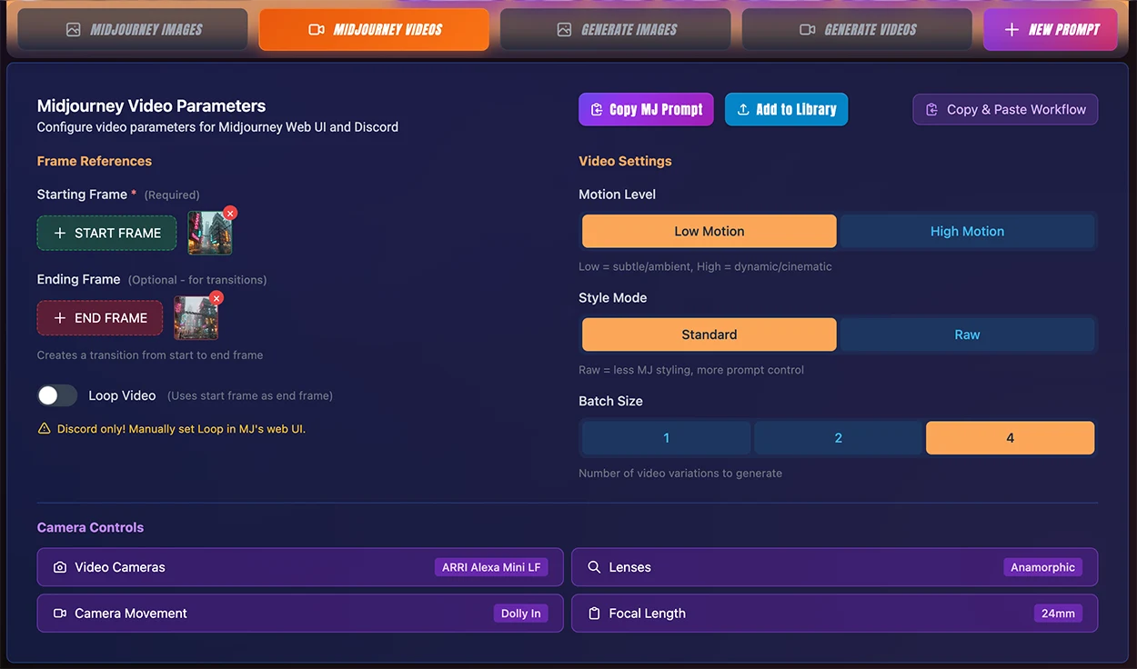 Midjourney Video Parameters Panel with Camera Controls