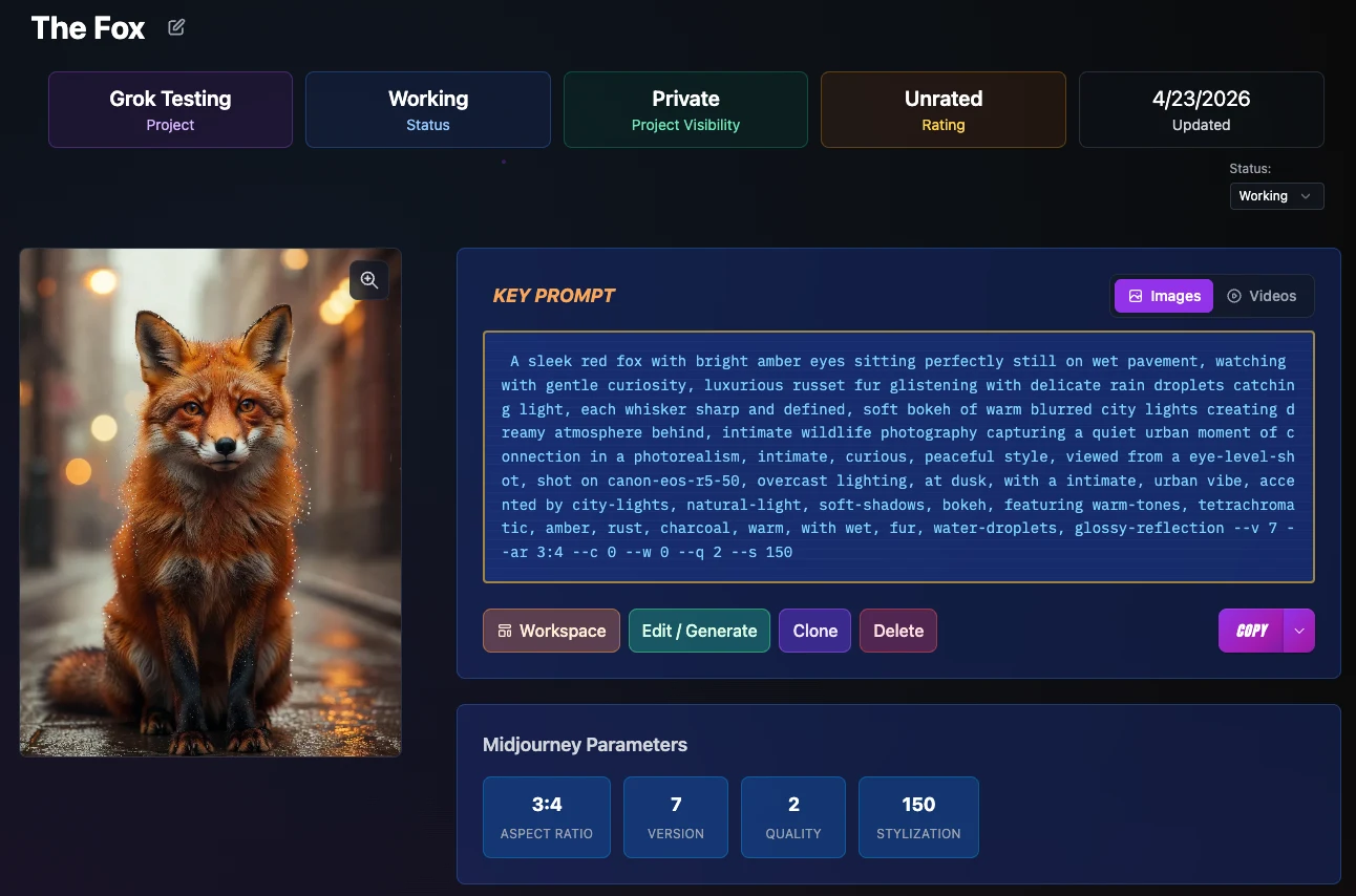 Prompt Details page showing analytics, profile image, Key Prompt display, share button, and action buttons