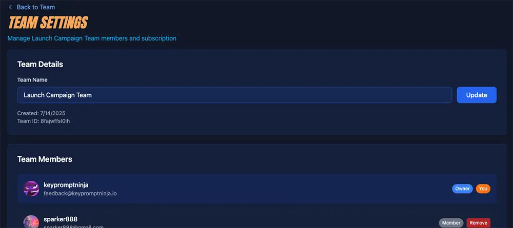 Team Settings page showing team identity, member management, and danger zone options