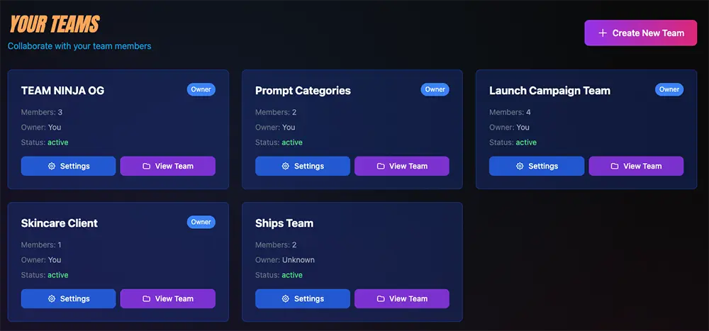 Your Teams dashboard showing team cards with member counts and quick actions